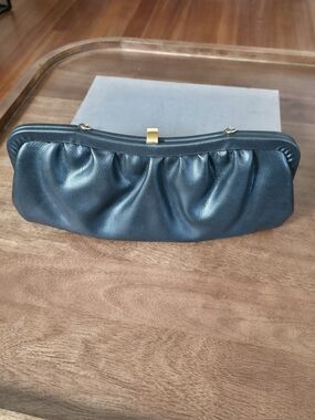 Vintage  Black Leather Clutch with Gold Accent
